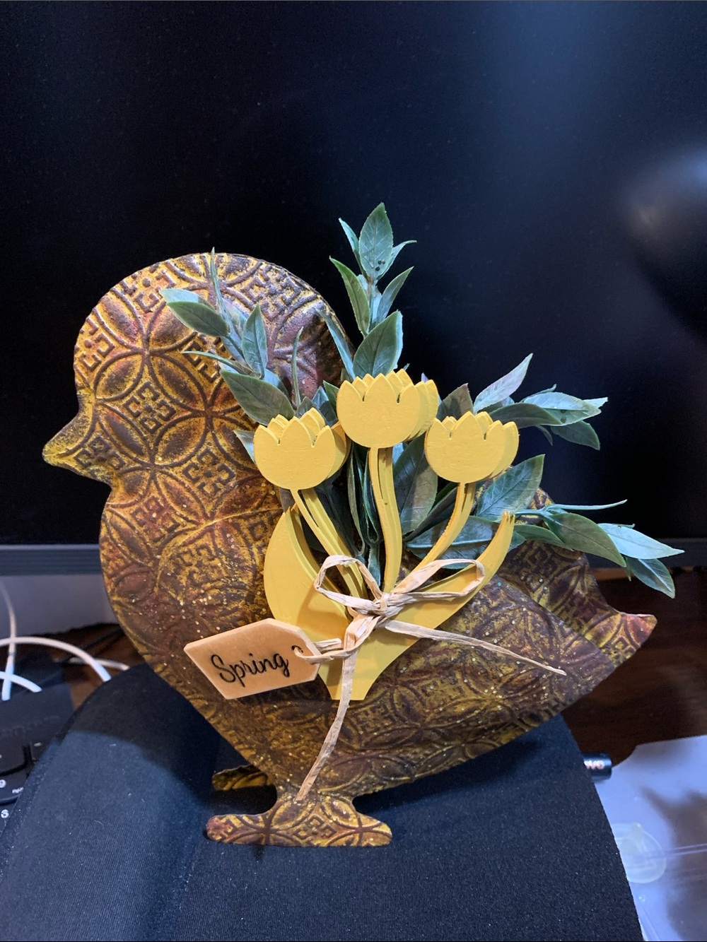 Decorative Tin Chick Spring Table Accent with Yellow Tulips